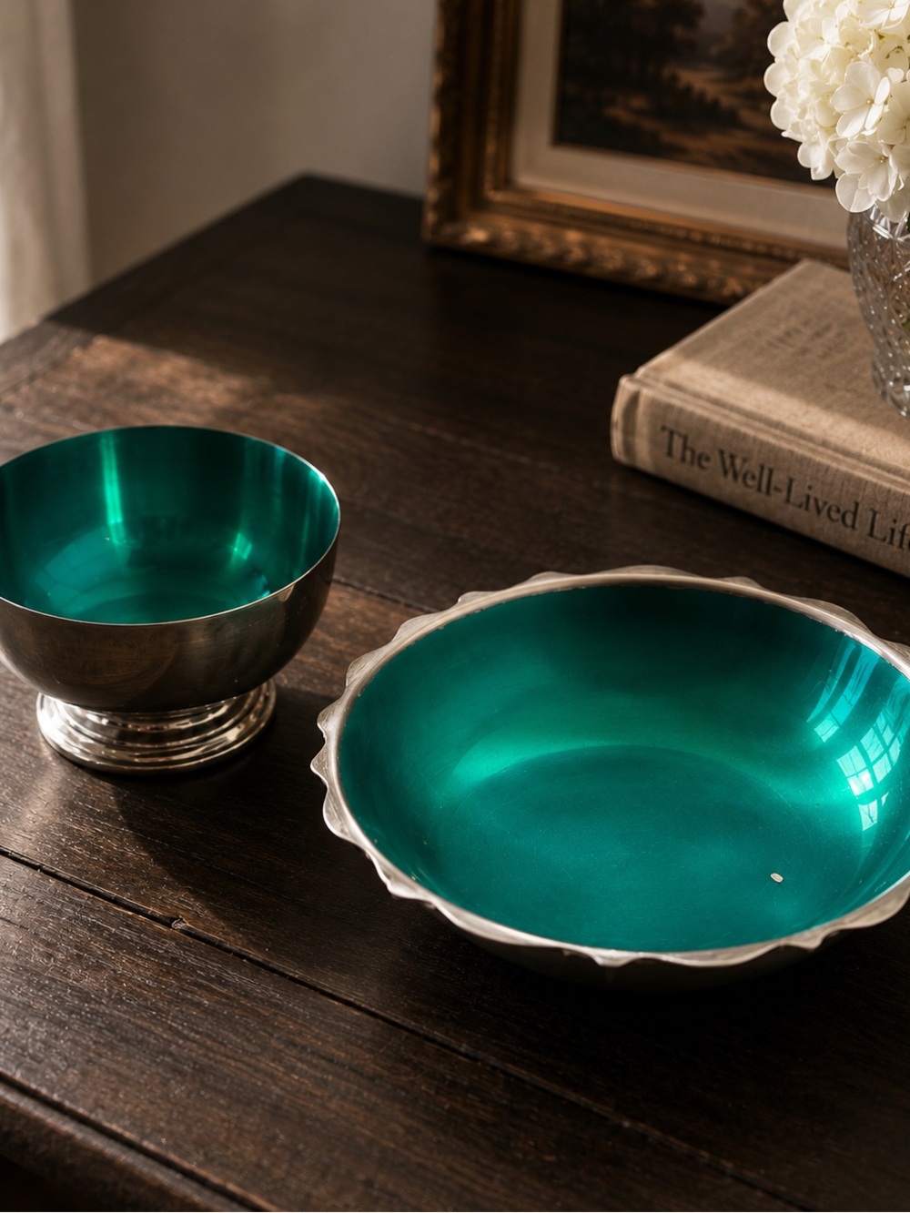 Vintage Silverplate Emerald Green Bowl Set Grandmillennial Old Money Home Decor
